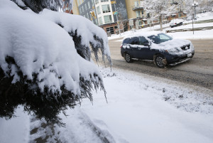 Four wheel drive Nissan Pathfinder, snow covered tree limb