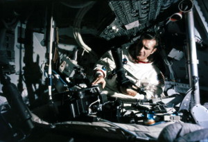 Apollo 12 astronaut Richard Gordon inside his Command Module, 1969.