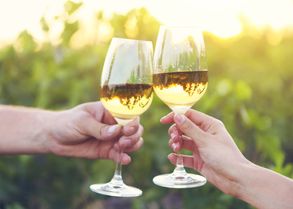 Young happy couple enjoying a glasses of white wine