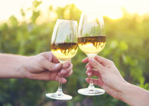 Young happy couple enjoying a glasses of white wine