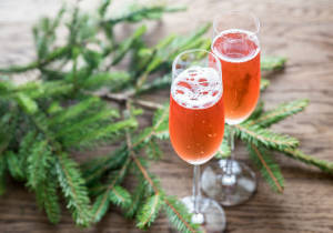 Two glasses of champagne with Christmas tree branch
