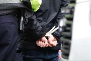 Protesters step out of paddy wagons and are processed for transport.