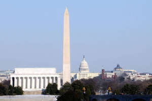 DC skyline, featuring the Washington and Lincoln memorials, plus the U.S. Capitol dome
