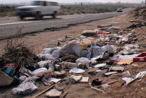 Garbage and green bushes lines the edge of highway road as a truck travels on it under a clouded white sky