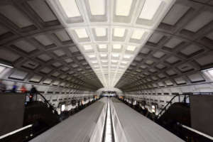 Two Metro trains arrive in a station. (WTOP/Dave Dildine)