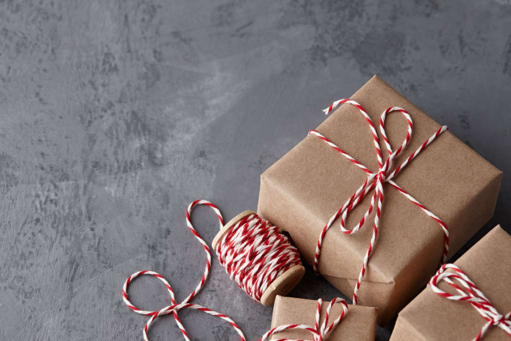Present boxes wrapped in kraft paper