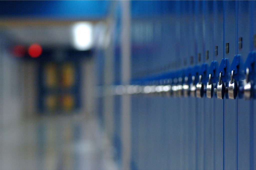 Row of blue school lockers.
