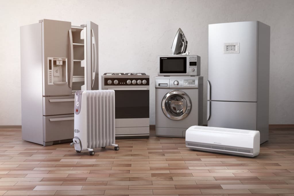 Home appliancess. Set of household kitchen technics in the new appartments or kitchen. E commerce online internet store nad delivering of appliances concept. 3d illustration