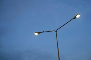 LED street lamp post with blue sky cloud