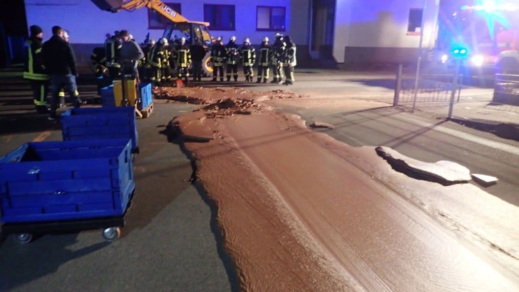 Liquid chocolate leak envelops German street