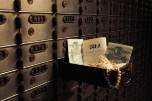 Open safe deposit box in bank vault