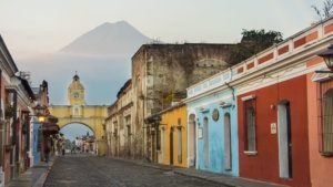 Agua Volcano and Arco de Santa Catalina (Santa Catalina Arch) in Antigua Guatemala