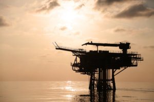 Offshore construction platform for production oil and gas. Oil and gas industry and hard work. Production platform and operation process by manual and auto function from control room.