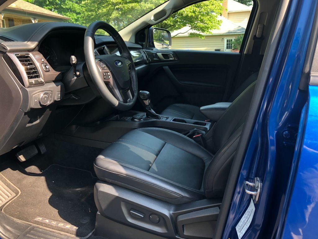 Front seats and steering wheel of the 2019 Ranger.
