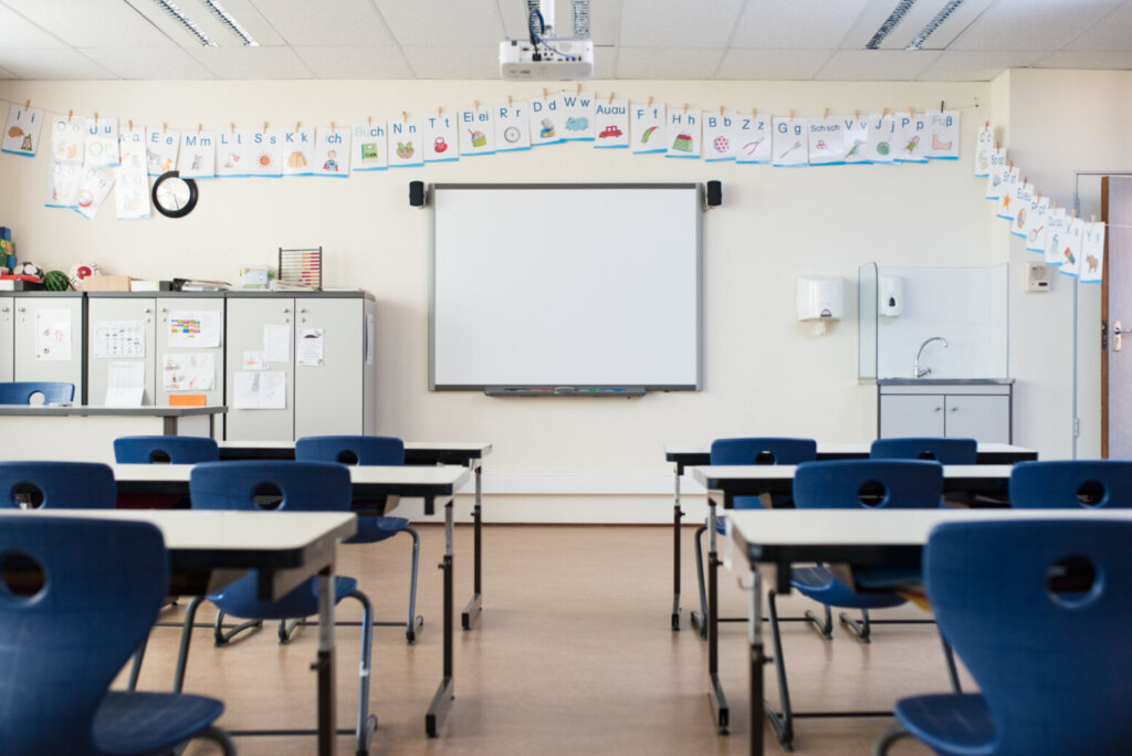 Empty classroom with whiteboard