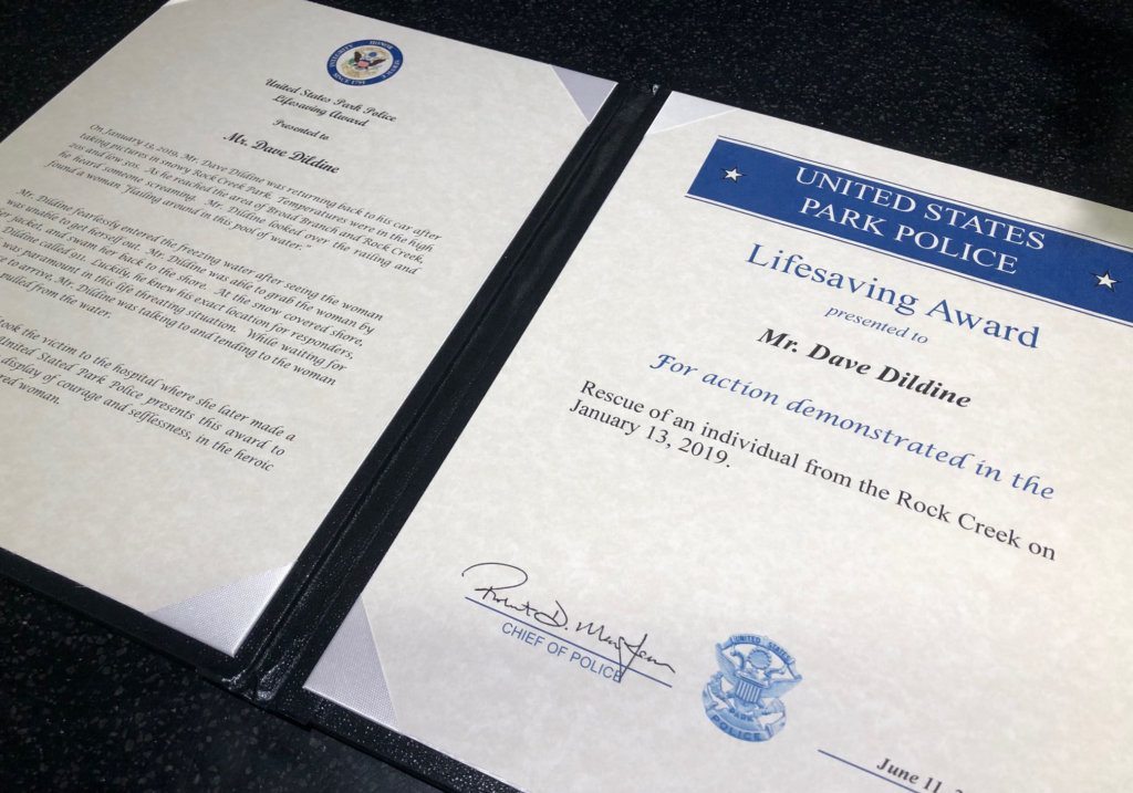The U.S. Park Police gave a "Lifesaving Award" to WTOP's Dave Dildine and others in a ceremony on Friday, Aug. 2, 2019.