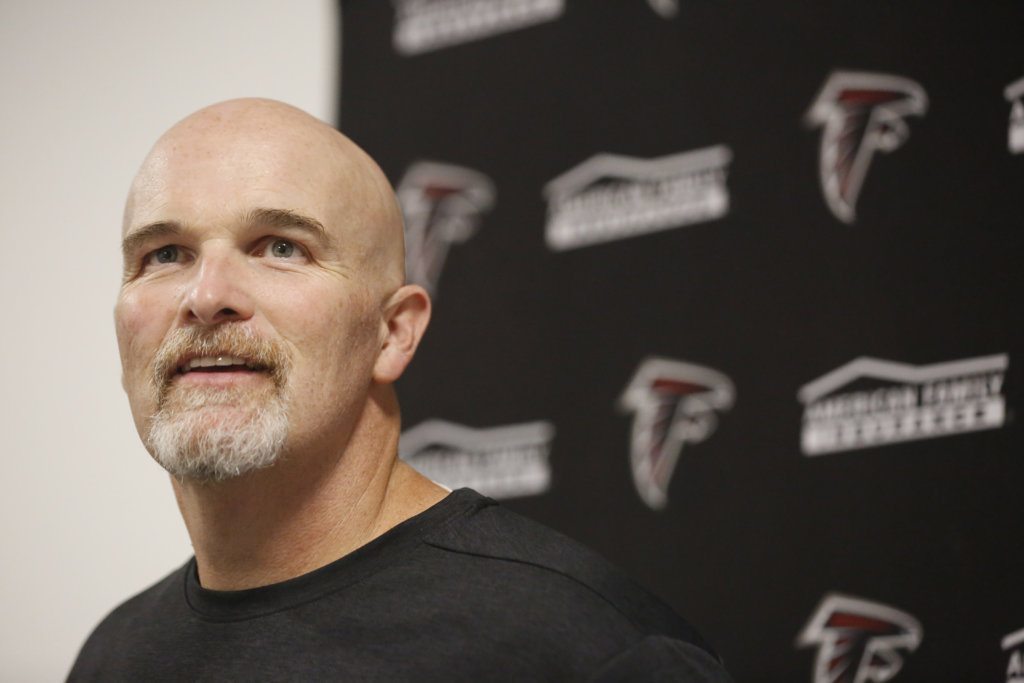 Atlanta Falcons head coach Dan Quinn speaks during a new conference after an NFL preseason football game against the Miami Dolphins, Thursday, Aug. 8, 2019, in Miami Gardens, Fla.