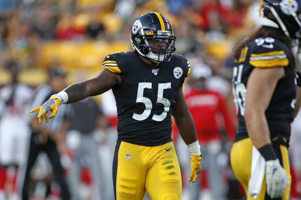 Pittsburgh Steelers linebacker Devin Bush (55) lines up during the first half of an NFL football game against the Tampa Bay Buccaneers in Pittsburgh, Friday, Aug. 9, 2019.
