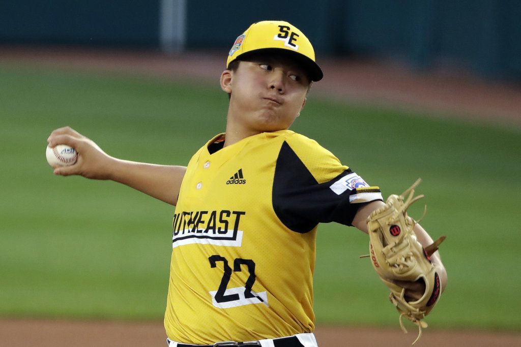 South Riding, Va.'s Justin Lee delivers during the first inning of the team's baseball game against Wailuku, Hawaii, at the Little League World Series in South Williamsport, Pa., Wednesday, Aug. 21, 2019.
