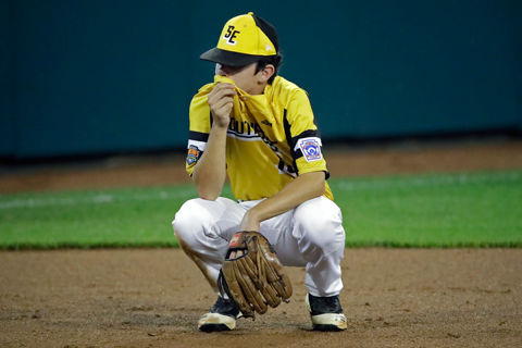 South Riding, Va.,pitcher Brady Yates reacts after giving up three runs to Wailuku, Hawaii, during the fifth inning of a baseball game at the Little League World Series in South Williamsport, Pa., Wednesday, Aug. 21, 2019.
