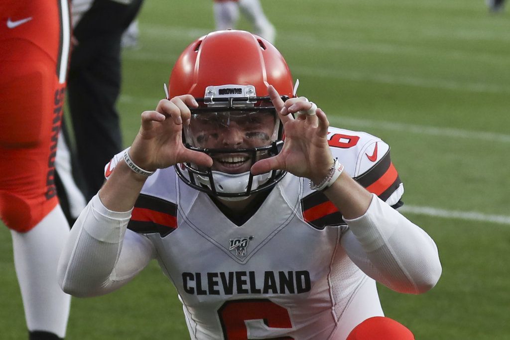 Cleveland Browns quarterback Baker Mayfield (6) celebrates after throwing a touchdown pass against Washington Redskins during the first half of an NFL preseason football game, Thursday, Aug. 8, 2019, in Cleveland.