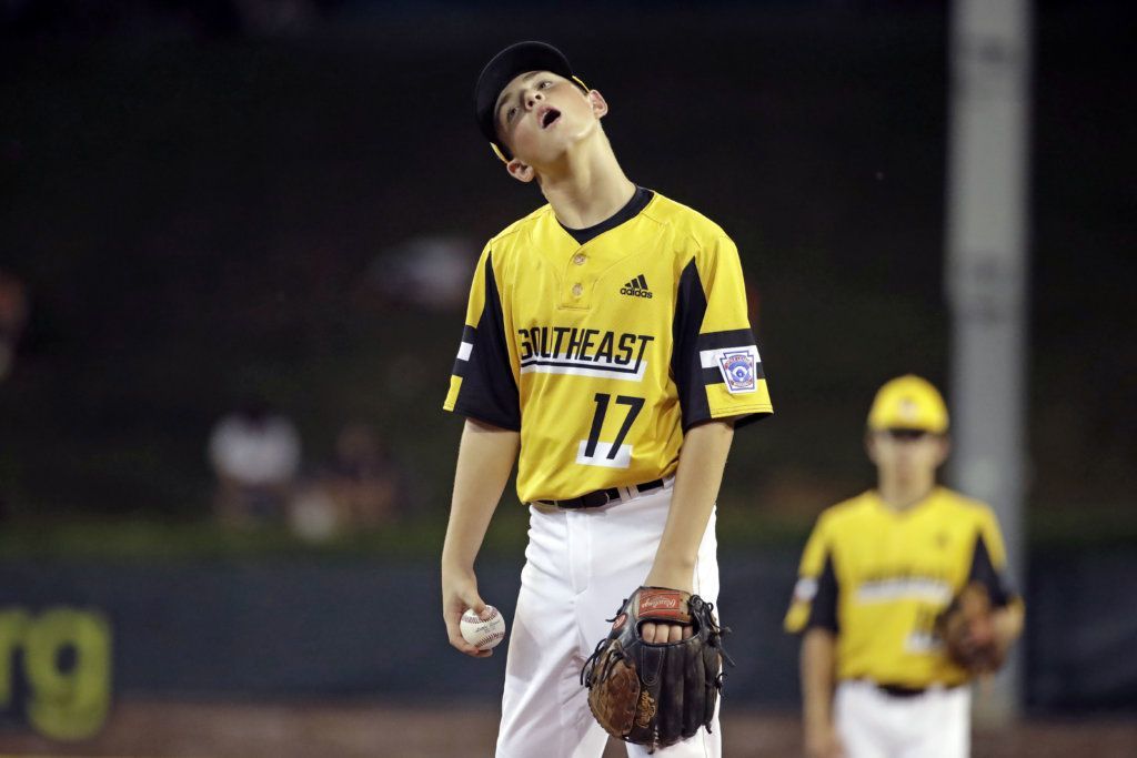 South Riding, Va.'s Chase Obstgarten collects himself on the mound during the fifth inning of the team's baseball game against River Ridge, La., at the Little League World Series in South Williamsport, Pa., Thursday, Aug. 22, 2019.Louisiana won 10-0 in five innings.