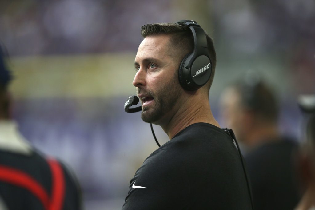Arizona Cardinals head coach Kliff Kingsbury watches from the sideline during the first half of an NFL preseason football game against the Minnesota Vikings, Saturday, Aug. 24, 2019, in Minneapolis.