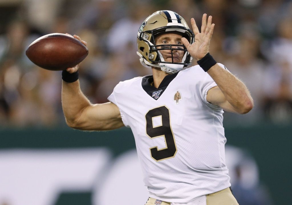 New Orleans Saints quarterback Drew Brees throws a pass during the first half of the team's preseason NFL football game against the New York Jets on Saturday, Aug. 24, 2019, in East Rutherford, N.J.