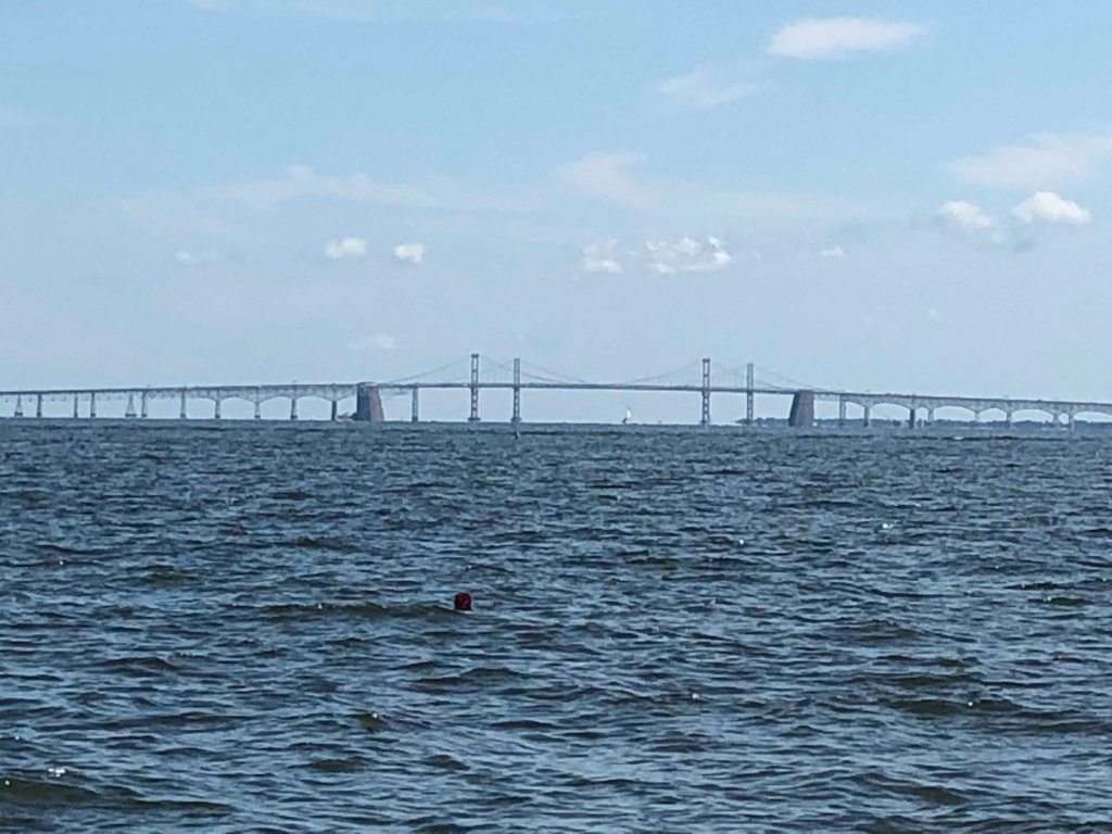 <p style="text-align: center;">A view of the Bay Bridge from the boat Audacious, heading toward the lighthouse.</p>