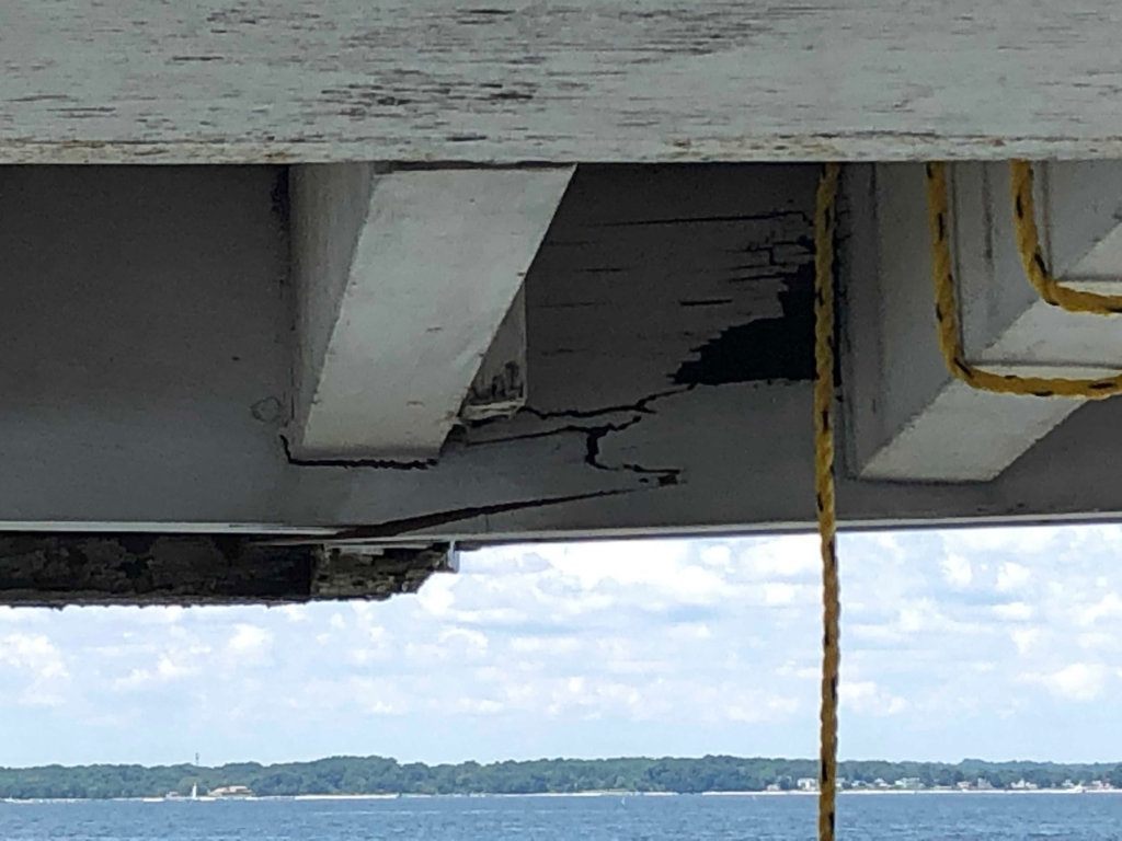 <p style="text-align: center;">A cracked wooden beam on the Thomas Point Shoal Lighthouse.</p>