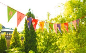 Happy Birthday bunting garland (banner) in the garden