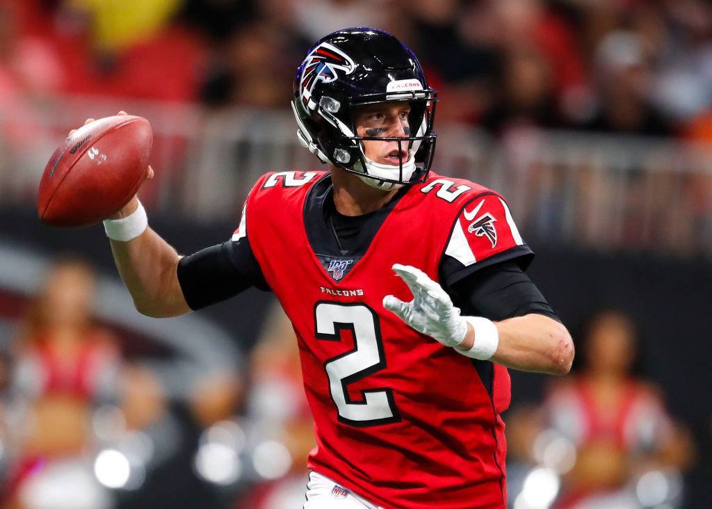 ATLANTA, GA - AUGUST 22: Quarterback Matt Ryan #2 of the Atlanta Falcons looks to pass in the first half of an NFL preseason game against the Washington Redskins at Mercedes-Benz Stadium on August 22, 2019 in Atlanta, Georgia.