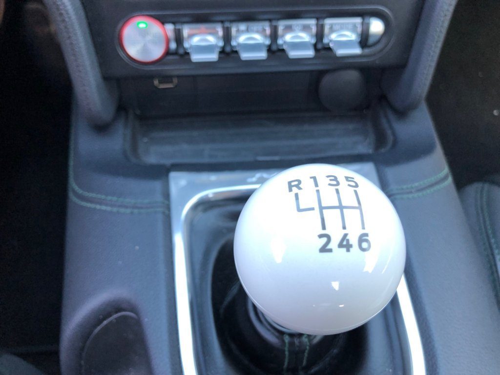 The 2019 Ford Mustang Bullitt's stick shift and interior console. (WTOP/John Aaron)