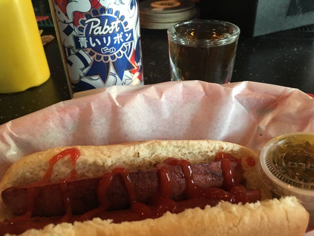 Beer, shot and a hot dog, all for $7 at Bravo Bar. Yes, I put ketchup on it just for the emails.