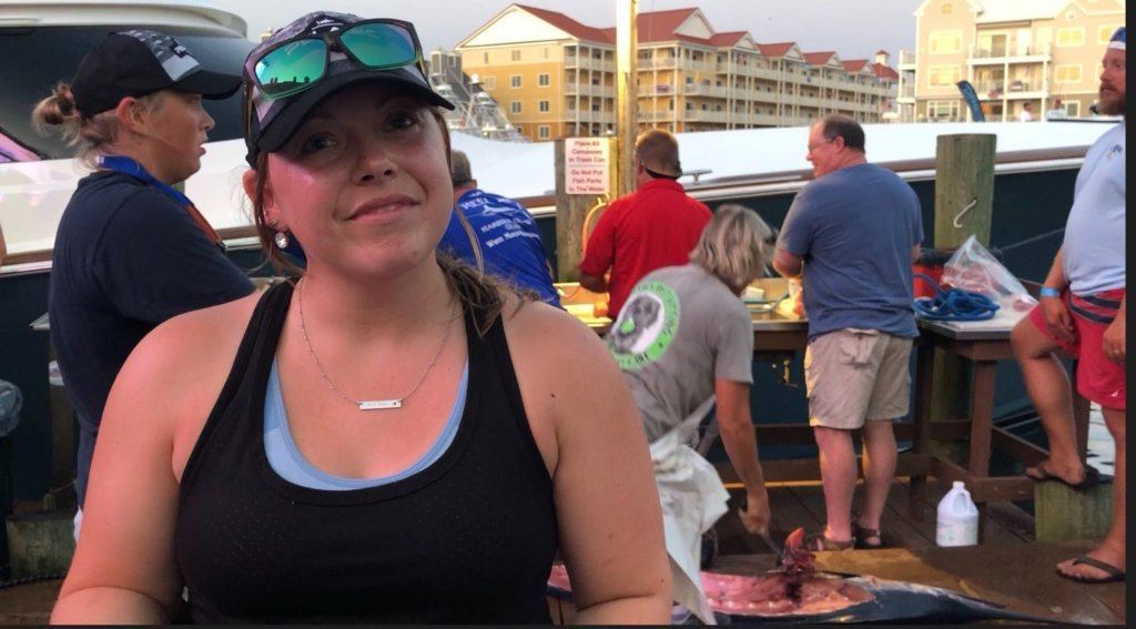 Brenda Rudnicky, from the Gulf of Maine Research Institute studies some of the marlin caught during the contest to determine their ages and diet.