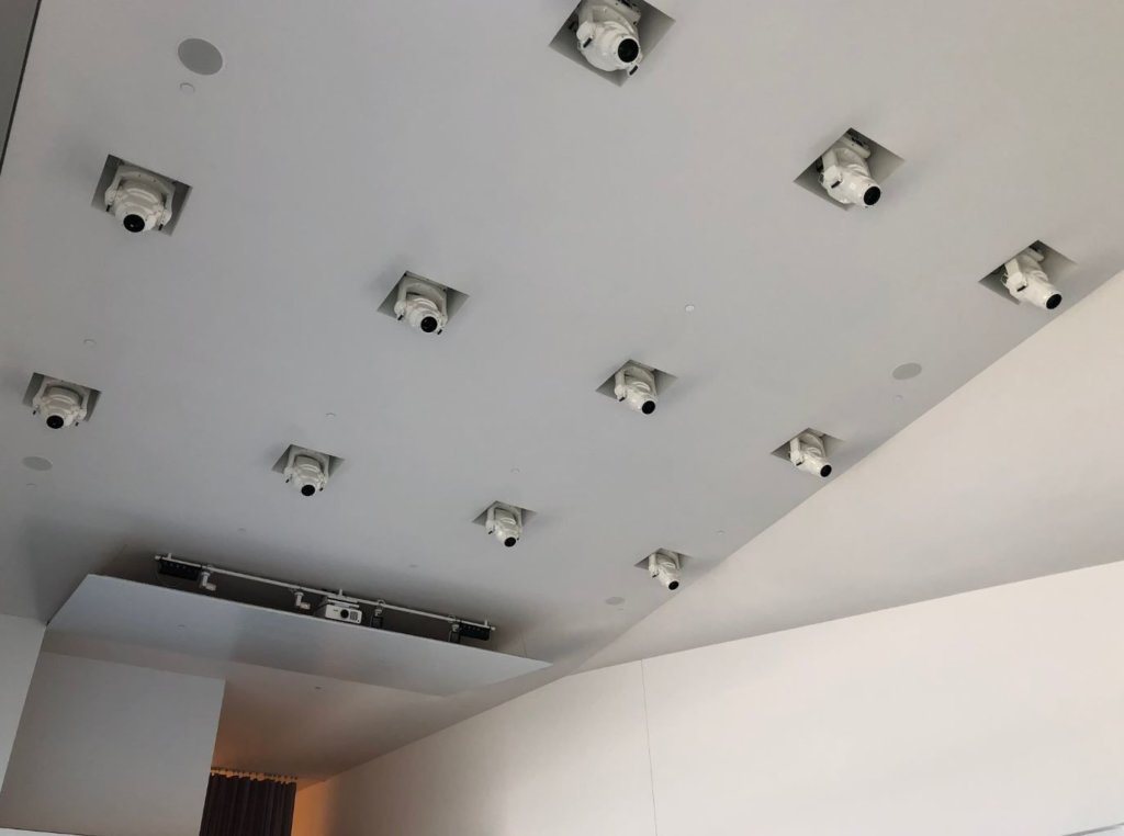 As with all the new campus venues, the stage lights and video projector on the ceiling of the River Pavilion are designed so that the spaces can be "performance flexible."
