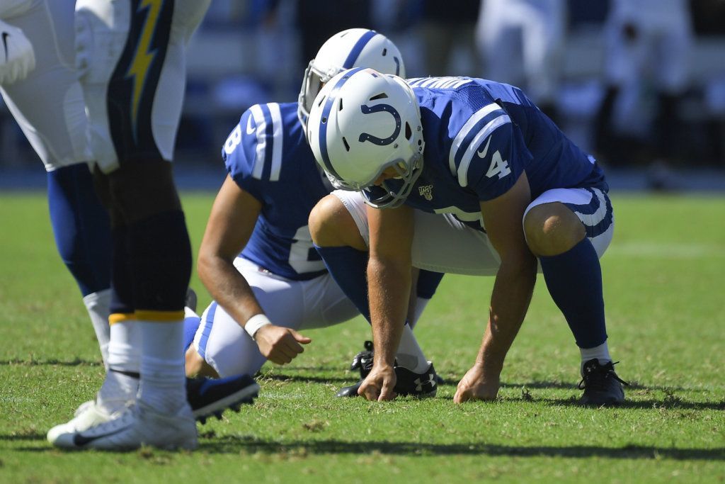 Indianapolis Colts kicker Adam Vinatieri reacts after missing a field goal during the second half in an NFL football game against the Los Angeles Chargers Sunday, Sept. 8, 2019, in Carson, Calif.