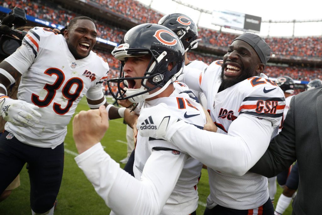 Chicago Bears kicker Eddy Pineiro, center, celebrates his game-winning field goal with free safety Eddie Jackson (39) and cornerback Prince Amukamara against the Denver Broncos after an NFL football game, Sunday, Sept. 15, 2019, in Denver.