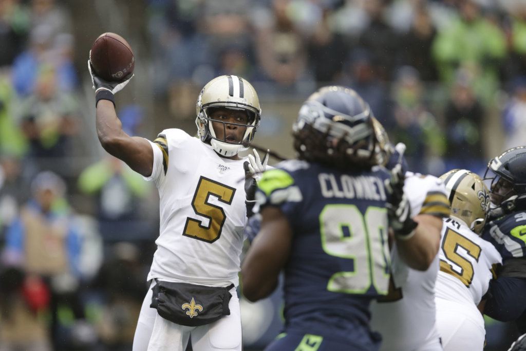 New Orleans Saints quarterback Teddy Bridgewater (5) throws against the Seattle Seahawks during the first half of an NFL football game Sunday, Sept. 22, 2019, in Seattle.