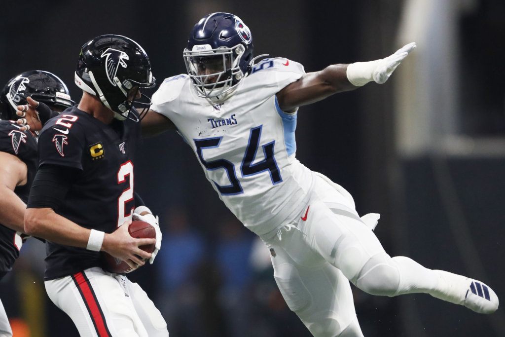 Tennessee Titans inside linebacker Rashaan Evans (54) prepares to sack Atlanta Falcons quarterback Matt Ryan (2) during the second half of an NFL football game, Sunday, Sept. 29, 2019, in Atlanta. The Tennessee Titans won 24-10.