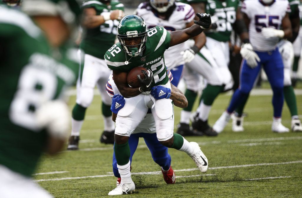 Jamison Crowder #82 of the New York Jets runs the ball against the Buffalo Bills during their game at MetLife Stadium on Sept. 8, 2019 in East Rutherford, New Jersey.
