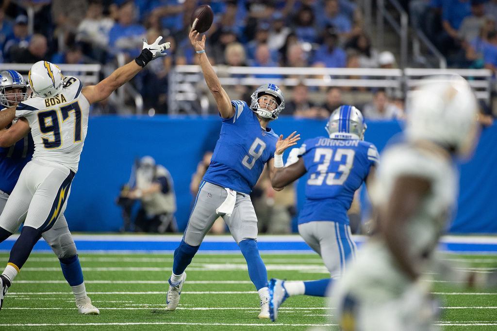 DETROIT, MI — SEPTEMBER 15: Matthew Stafford #9 of the Detroit Lions drops back to pass during the fourth quarter of the game against the Los Angeles Chargers at Ford Field on September 15, 2019 in Detroit, Michigan. Detroit defeated Los Angeles 13-10.