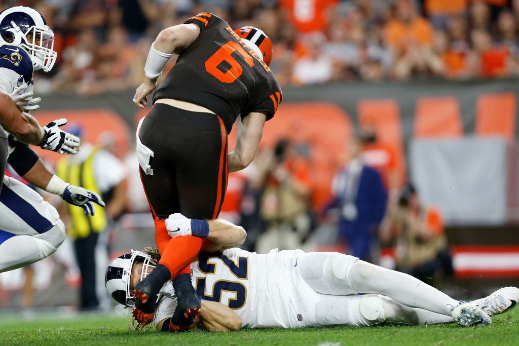 CLEVELAND, OH — SEPTEMBER 22: Clay Matthews #52 of the Los Angeles Rams sacks Baker Mayfield #6 of the Cleveland Browns during the fourth quarter at FirstEnergy Stadium on September 22, 2019 in Cleveland, Ohio. Los Angeles defeated Cleveland 20-13.