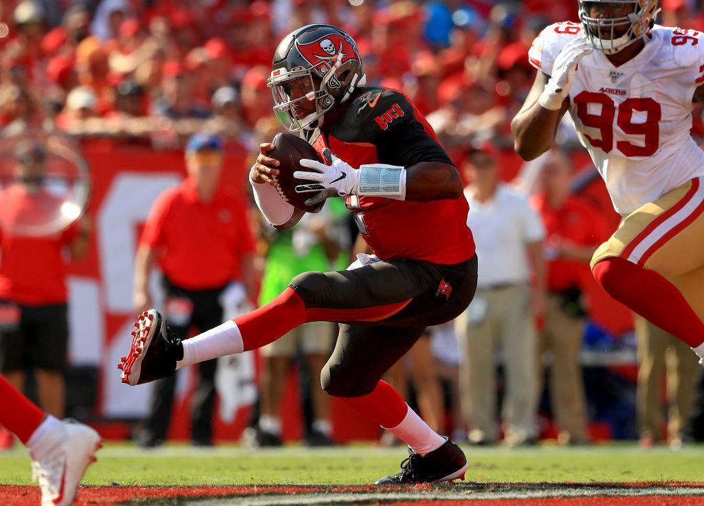 Jameis Winston #3 of the Tampa Bay Buccaneers rushes during a game against the San Francisco 49ers at Raymond James Stadium on Sept. 8, 2019 in Tampa, Florida.