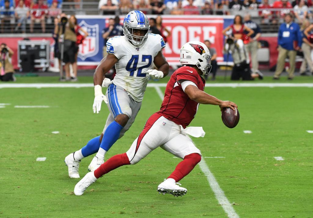 Kyler Murray #1 of the Arizona Cardinals avoids being sacked by Devon Kennard #42 of the Detroit Lions during the fourth quarter at State Farm Stadium on Sept. 8, 2019 in Glendale, Arizona.