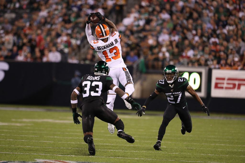 EAST RUTHERFORD, NEW JERSEY - SEPTEMBER 16: Odell Beckham #13 of the Cleveland Browns makes a catch against Jamal Adams #33 of the New York Jets during their game at MetLife Stadium on September 16, 2019 in East Rutherford, New Jersey.