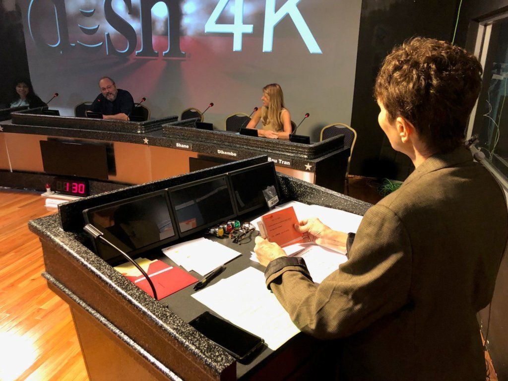 Host Hillary Howard, who is also an anchor at WTOP, testing out the new studio ahead of the 59th season of "It's Academic." (Courtesy Ed Hatch/It's Academic)