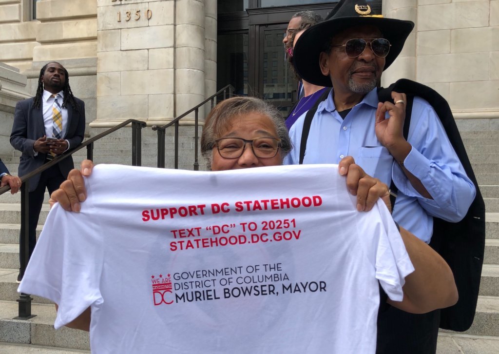 At-Large D.C. Council member Anita Bonds, D, holds a shirt in support of D.C. statehood on Monday, Sept. 16, 2019.