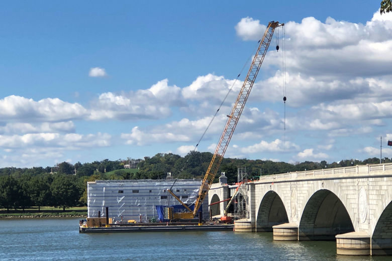 The metal facade of the tilting bridge panels has been getting restored and repainted inside the river tent so the panels can be put back in place.