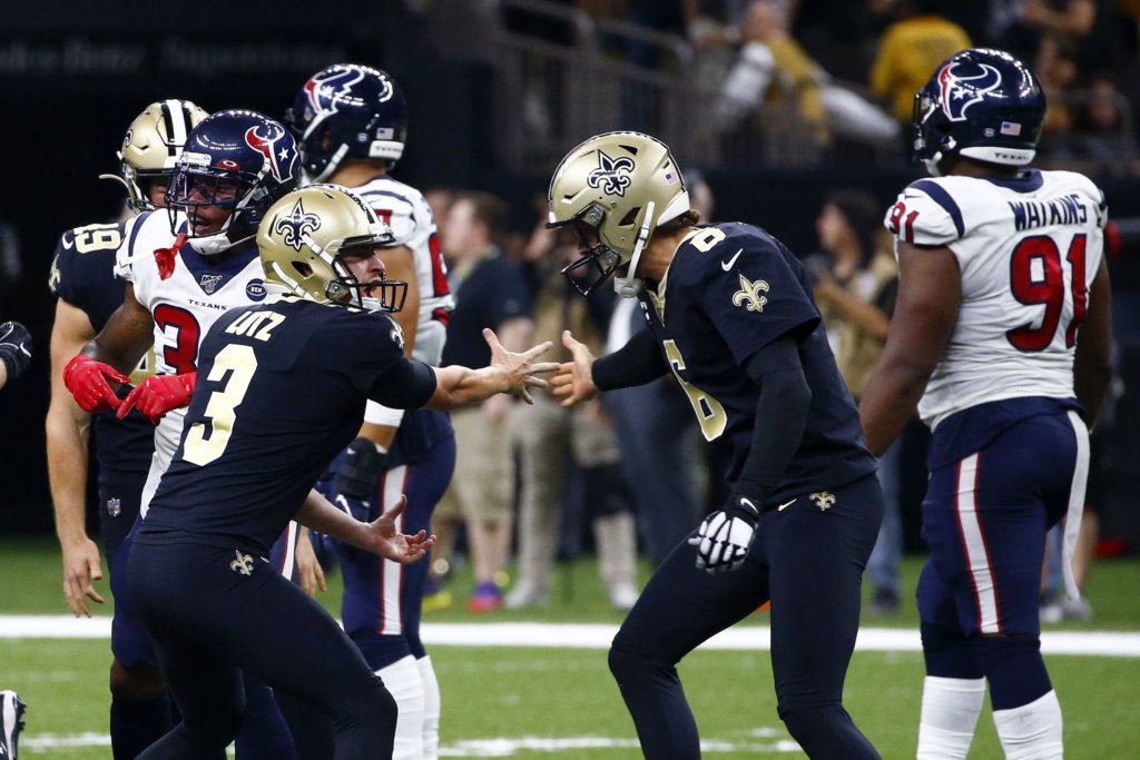 New Orleans Saints kicker Wil Lutz celebrates his game winning 58-yard field goal with holder Thomas Morstead (6) at the end of regulation in the second half of an NFL football game against the Houston Texans in New Orleans, Monday, Sept. 9, 2019. The Saints won 30-28.